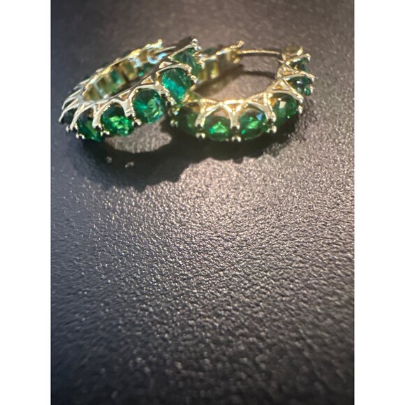 Gold Hoop Earrings With Emerald-Green Stones CZ Fashion Jewelry - Picture 4 of 4